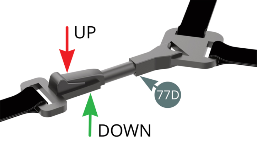 Check that the quick release lever is pointing upwards when the spare wheel strap (77D) will be attached on top of the spare wheel. Lay the spare wheel strap (77D) backwards with the quick release lever pointing downwards (green arrow) also see the following illustration. Tie the spare wheel strap (77D) to the upper frame bar (47A) - do not tighten the knot fully at this time. Mark the place for the spare wheel on the reinforcement frame (45A).