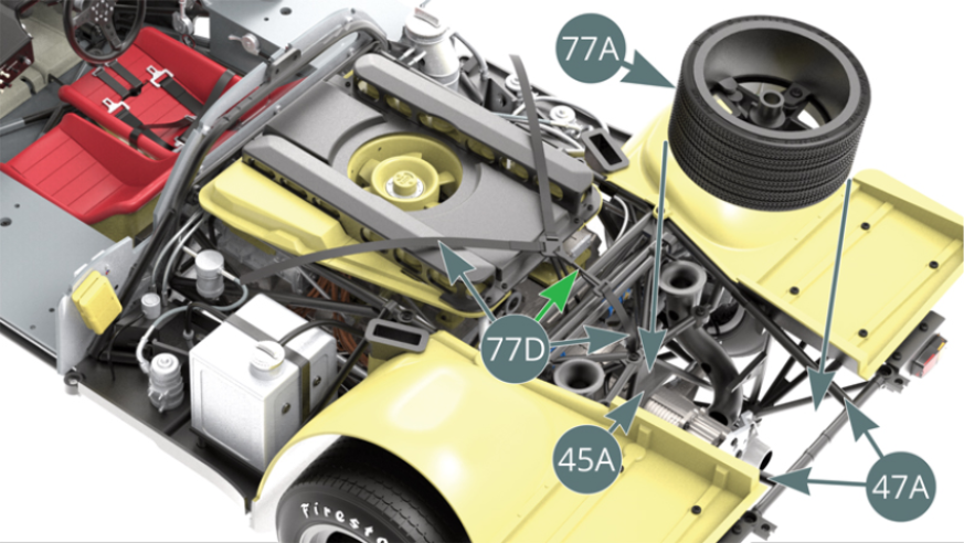 Position the spare wheel on the reinforcement frame (45A) and between the two upper frame bars (47A). Tilt the spare wheel strap (77D) over the spare tyre (77A), with the quick release lever now pointing upwards - red arrow. Adjust the tightness of the knot on the upper frame bar (47A) - green arrow. Finish securing the spare wheel by tying the two free ends - shown in blue - of the spare wheel strap (77D) to the upper frame bars.