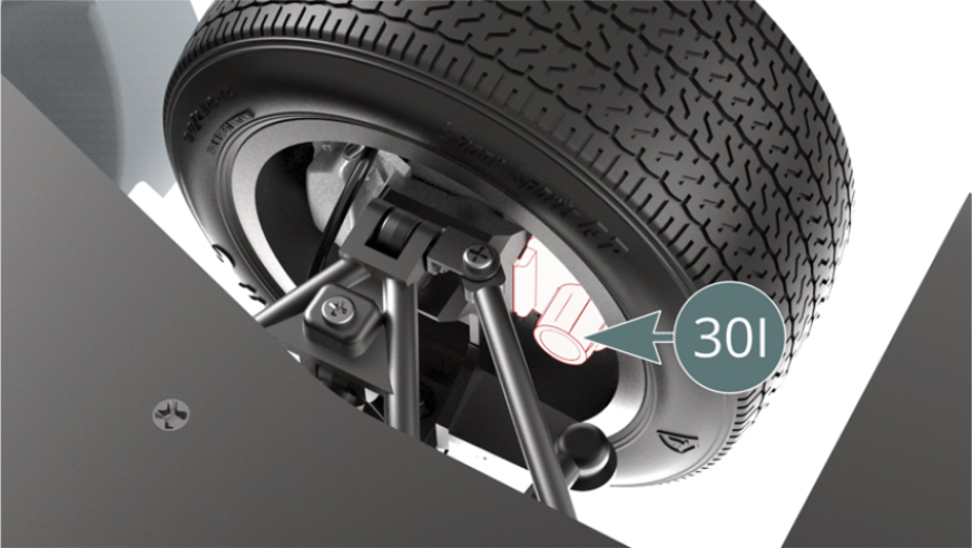 Locate the air intake on the right brake bailer (30I) - seen here from below - located in the right front wheel. Position the right brake cooling jacket (78B) over the air intake on the right brake bailer (30I) - seen here from above.