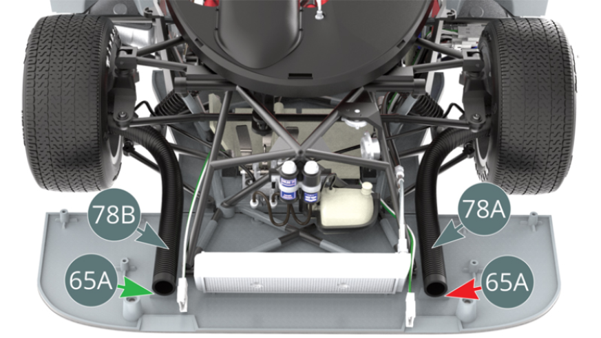 Adjust the right (78B) and left (78A) brake cooling jackets so that they rest in the right (green arrow) and left (red arrow) slots respectively at the front of the flat front floor (65A).