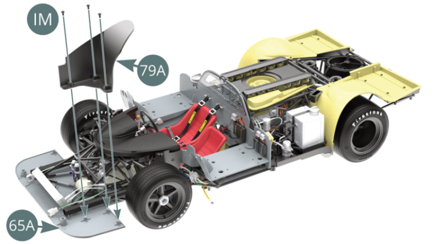 Position the left wheel arch (79A) on the front flat floor (65A) and fix it with three IM screws. Position the right wheel arch (79B) on the front flat floor (65A) and secure with three IM screws.