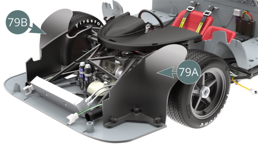 The right (79B) and left (79A) wheel arches are attached to the frame.