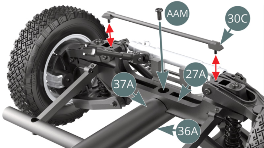 Remove the upper bar (30C) - red arrows - and attach the centre beam sections (36A & 37A) to the front frame crossbar (27A) using an AAM screw. Reposition the upper bar (30C). A little further to the rear, fix the centre beam sections (36A & 37A) together using an AAM screw.