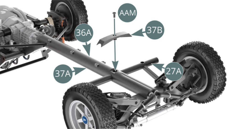 Flip the chassis over and position the reinforcement plate (37B) on the central beam (36A), then attach it to the central beam (37A) using an AAM screw.