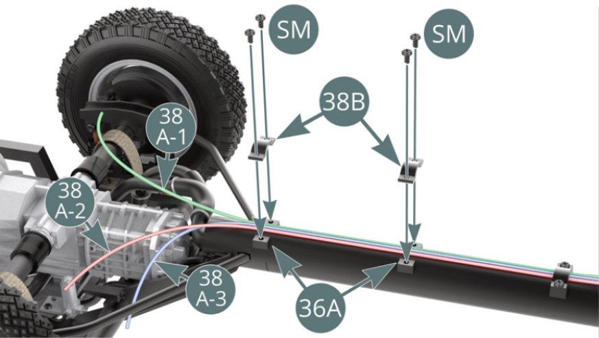 Then attach the three brake fluid line sections (38A-1/long), (38A-3/short) and (38A-2/medium) a little further along the centre beam (36A) using two other brackets (38B) and four SM screws - shown above.