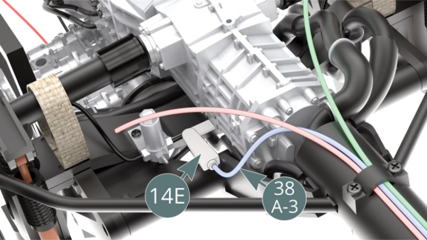 Position line (38A-3) - highlighted in blue - on the gear selector rod (14E). Position line (38A-2) - highlighted in red - onto the brake master cylinder (13B).