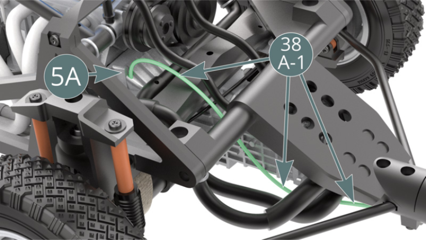 Turn the chassis over, then guide line (38A-1) - highlighted in green - and place it in the recess provided at the top of the gearbox housing (5A).