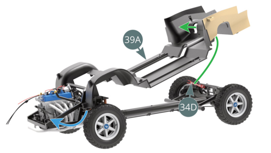 Start by positioning the chassis floor (39A) on the pre-assembled chassis beam as indicated by the blue arrow. Ensure that the intermediate shaft (34D) passes correctly through the aperture at the rear of the chassis floor (39A) - green arrow. Place brake fluid lines (38A-2 & 38A-3) underneath the front bottom of the chassis into the slots on the left side of chassis floor (39A).
