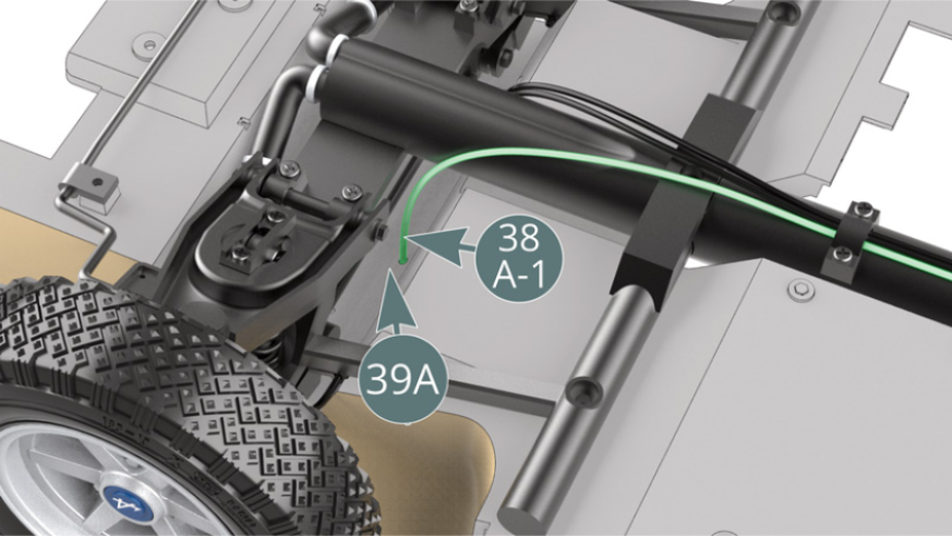 Position brake fluid line (38A-1) into the slot on the right side of chassis floor (39A). Check the correct position of the lines from the other side of the chassis as shown in the illustration above.
