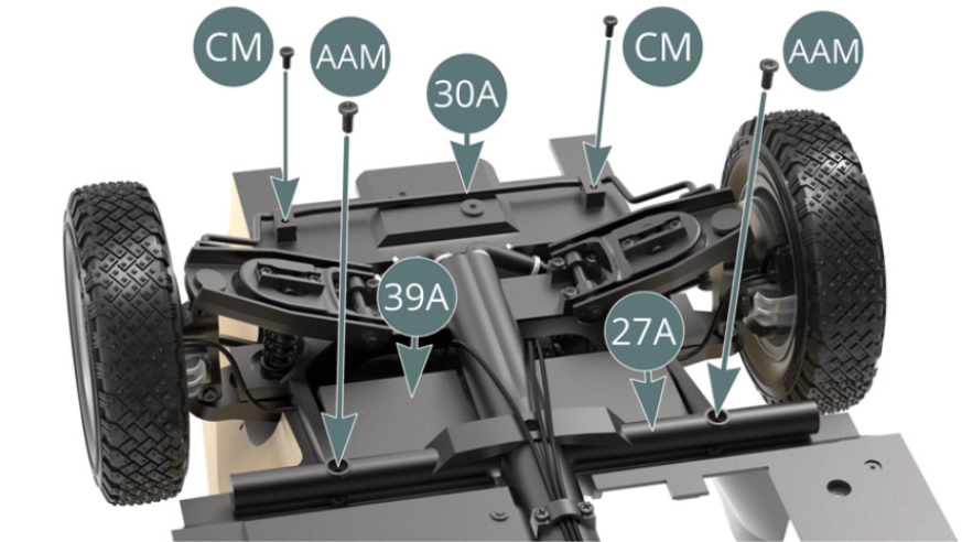 Fix the anti-roll bar (30A) and the front frame cross bar (27A) to the chassis floor (39A), using two CM and two AAM screws respectively. Secure the main frame (20A) to the chassis floor (39A) below the rear bottom of the chassis using two AAM screws.