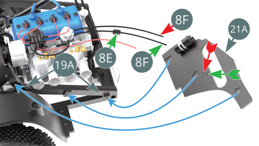 Position oil line (8F) together with oil filter (8E) - green arrows - and single oil line (8F) - red arrow - into the slots indicated by the arrows of their respective colours on the left engine compartment panel (21A). Position the left panel (21A) on the left frame (19A) - blue arrows. Position high voltage cable (9H-2) on ignition coil (21B).