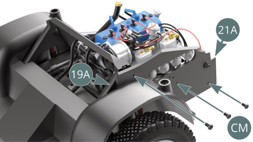 Fix the left engine compartment panel (21A) to the left frame (19A) by using three CM screws. Close-up of the assembly