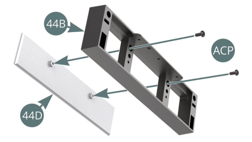 Place the front grille (44D) onto the radiator frame (44B0 and secure with two ACP screws.Place the rear grille (44C) onto the radiator frame (44B) and secure with two SP screws.