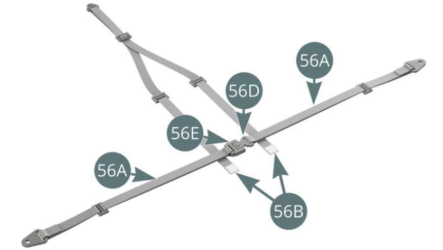 Bring the right and left belt straps (56A) (connected by their locking buckles) over the ends of the seat belts (56B). Fold the ends of the seat belts (56B) over the right and left belt straps (56A) and secure them with the double-sided adhesives that are already present (blue arrows).