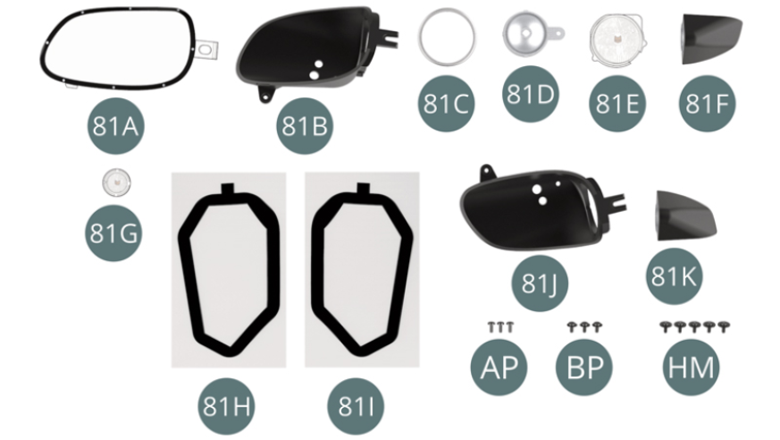81A Headlight bulb, right 81B Headlight housing, right 81C Large headlight cap81D Large headlight reflector 81E Large headlight lens 81F Small headlight housing (R) 81G Small headlight lens 81H Left headlight protector (x 2) 81I Right headlight protector (x 2) 81J Left headlight housing 81K Small headlight housing (L) AP Screw M 1.7 x 4 mm (x 3) BP Screw M 1.7 x 4 x 5 mm (x 3) HM Screw M 1.7 x 4 x 6 mm (x 5)