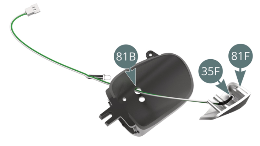 Take one of the two headlight LED cables (35F), pass it through the right headlight housing (81B) and connect the LED to the small headlight housing (R) (81F).