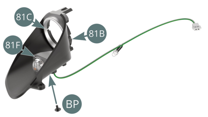 Position the small headlight housing (R) (81F) on the right headlight housing (81B) and secure with a BP screw. Position the large headlight cap (81C) on the right headlight housing (81B). Position the large headlight reflector (81D) on the large headlight lens (81E).