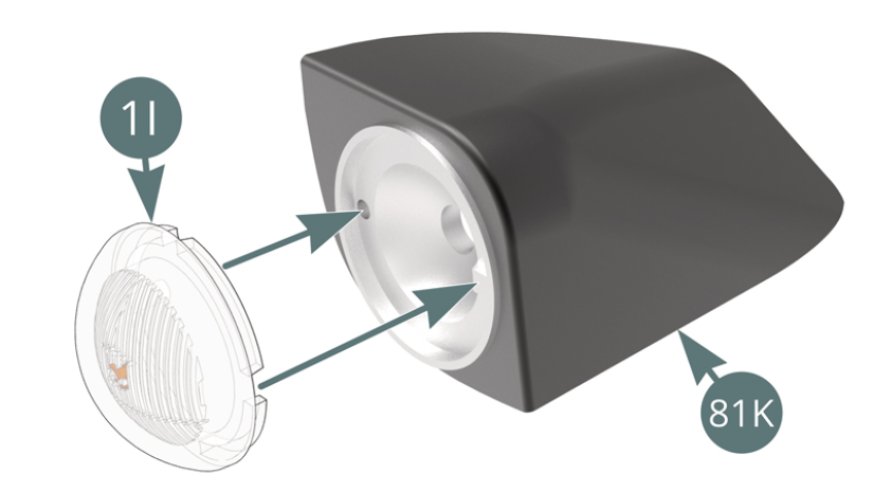 Position the small headlight lens (1I) on the small headlight housing (L) (81K). Take the remaining headlight LED cable (35F), feed it into the new left headlight housing (81J) and connect the LED to the small headlight housing (L) (81K).
