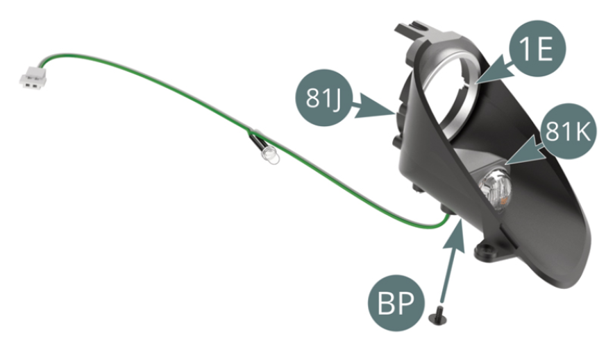 Position the small headlight housing (L) (81K) on the new left headlight housing (81J) and secure it with a BP screw. Position the large headlight cover (1E) on the left headlight housing (81J). Position the large headlight reflector (1G) - and lens 1F - on the left headlight housing (81J) and secure with an AP screw.