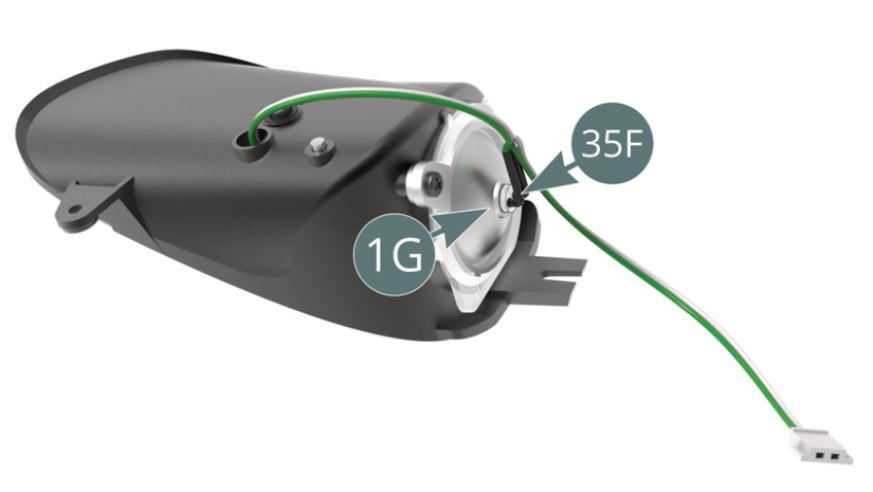Connect the second LED of the headlight LED cable (35F) to the large headlight reflector (1G).
