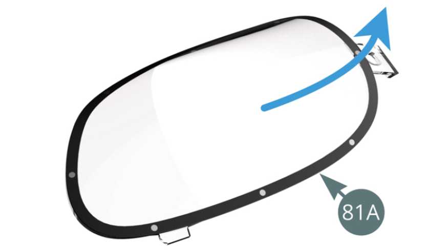 Remove the protective film from the right headlight bulb (81A). Position the right (81A) and left (1C) headlight lenses in their respective housings from the inside of the body (80A).
