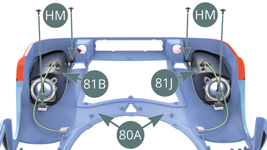 Position the right (81B) and left (81J) headlight housings over the respective headlight bulbs and fasten them to the body (80A) with four HM screws (shown opposite).