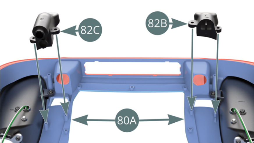 Position the right (82C) and left (82B) air intakes on the inside of the front of the body (80A) and secure with three IM screws (shown above).