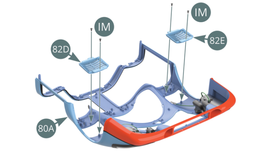 Position the right (82E) and left (82D) exhaust air grilles inside the body (80A) and secure them with four IM screws (see illustrations).