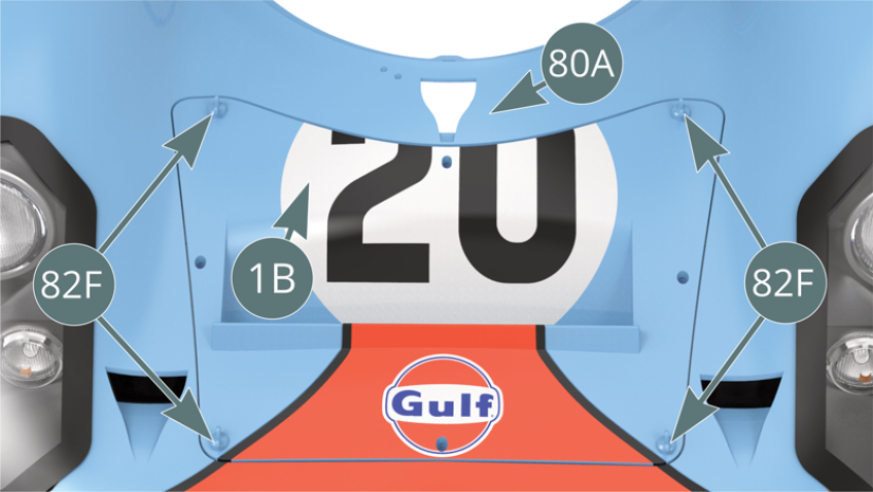 Position the bonnet (1B) and secure temporarily with four bonnet clips (82F) - blue - to the body (80A).