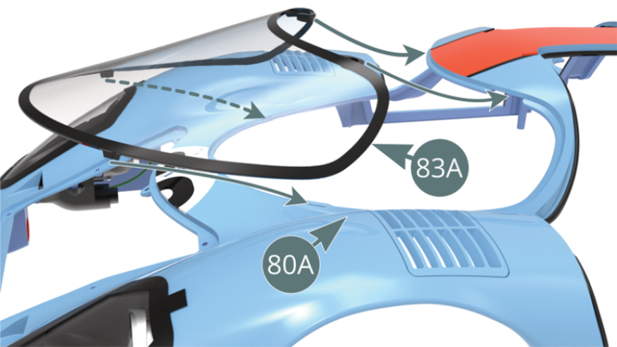 Position the windscreen (83A) onto the body (80A).