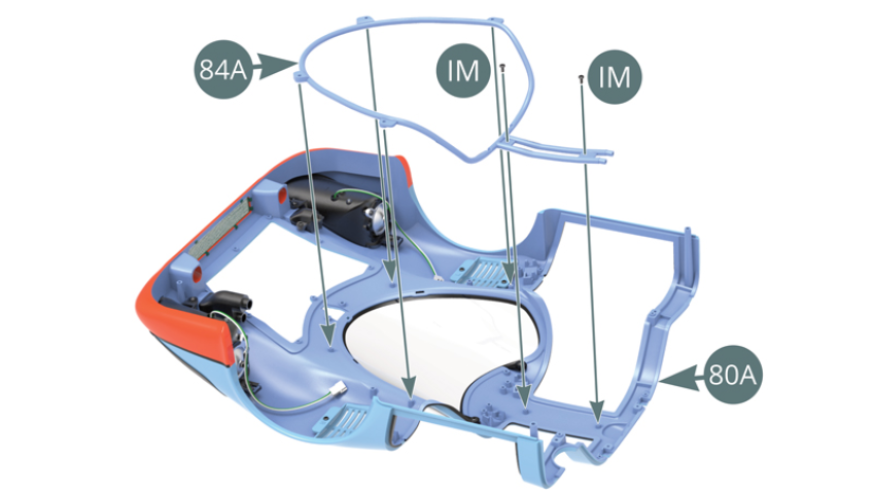 Position the upper roll bar (84A) into the body (80A) and secure it with two IM screws.