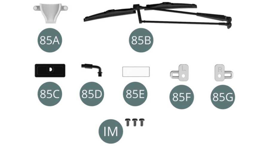 85A Air intake 85B Windscreen wiper 85C Rear-view mirror shell85D Rear-view mirror support 85E Rear-view mirror 85F Door lock, left 85G Door lock, right IM Screw M 1.7 x 3.5 mm (x 3)
