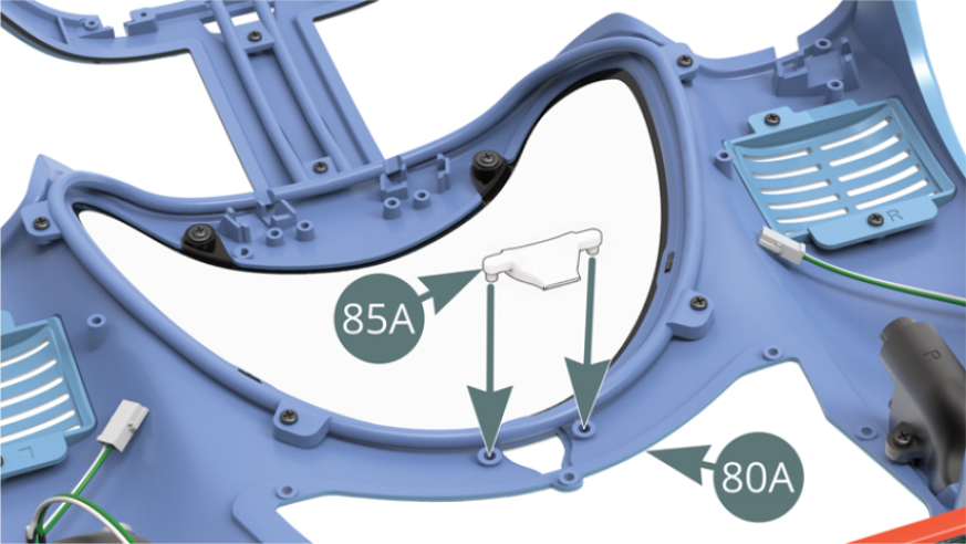 Position the air intake (85A) below the body (80A). Position the right (85G) and left (85F) door locks to the body (80A) and secure with two IM screws.