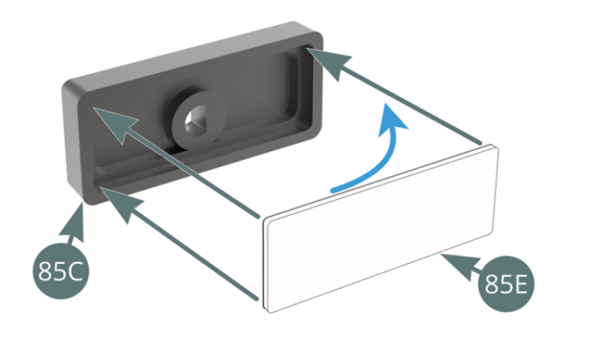 Remove the paper protector from the mirror (85E) and stick it inside the mirror shell (85C). Place the mirror support (85D) on the mirror shell (85C).