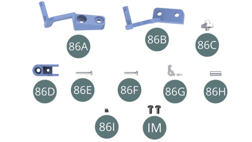 86A Lower hinge 86B Top hinge 86C Door light 86D Lock 86E Pin (long) 86F Pin (short) 86G Latch 86H Release button 86I Spring IM Screw M 1.7 x 3.5 mm (x 2)