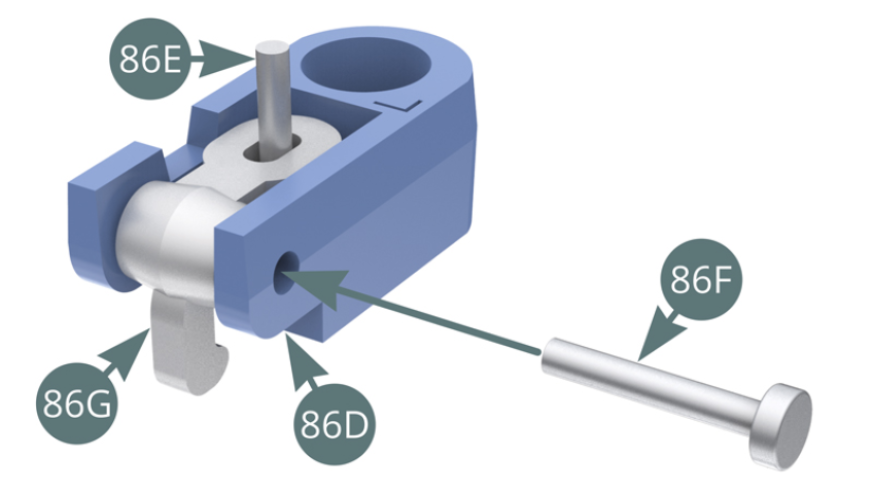 Align the latch pin (86G) with the locks (86D), then insert the short pin (86F). Position the release button (86H) on the long pin (86E).