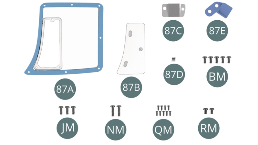 87A Window 87B Ventilation window 87C Mounting tab 87D Spring 87E Mounting tab BM Screw M 2.0 x 4 mm (x 5) JM Screw M 2.0 x 5 mm (x 3) NM Screw M 2.0 x 7 mm (x 2) QM Screw M 1.2 x 3 mm (x 9) RM Screw M 2.0 x 3 mm (x 2)