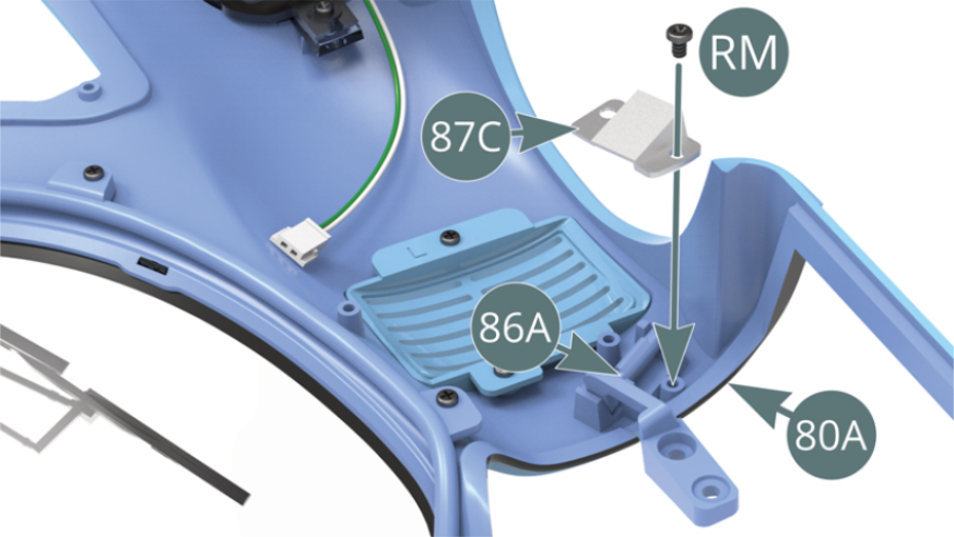 Position the lower hinge pin (86A) in the cradle slot on the body (80A), place the mounting tab (87C) on top and secure with an RM screw at one side. Secure the other side of the mounting tab (87C) to the body (80A) with an NM screw through the spring (87D). Do not overtighten the NM screw to allow the spring (87D) to compress.