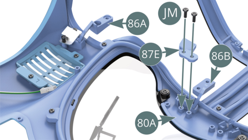 Position the top hinge pin (86B) in the cradle slot on the body (80A), place the mounting tab (87E) on top and secure with two JM screws.