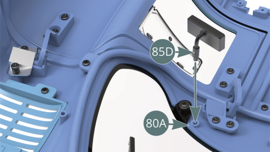 Attach the mirror with its support (85D) to the slot in the ceiling inside the body (80A). Press the release button (86H) to check that the left door (1A) opens correctly as detailed later on.