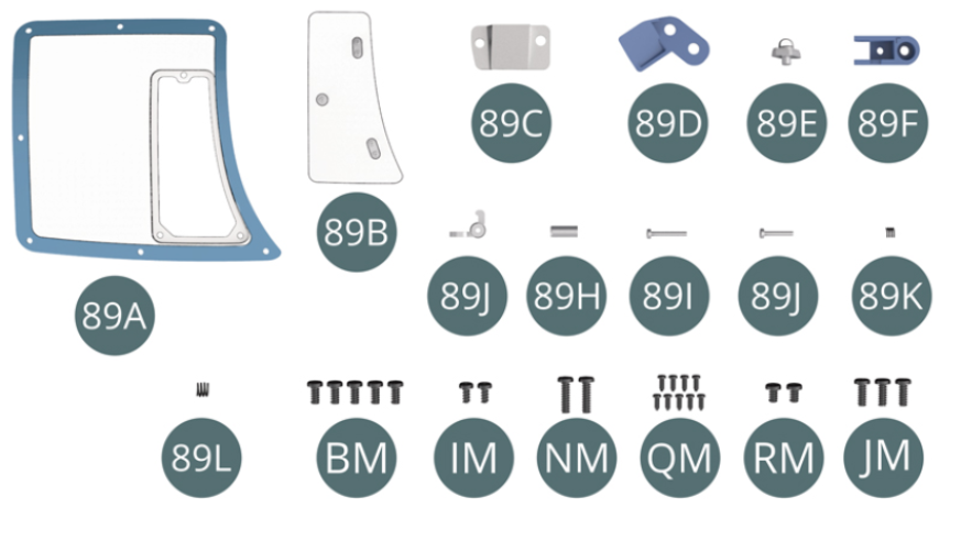 89A Window 89B Ventilation window 89C Bracket 89D Bracket 89E Door light 89F Lock 89G Door latch 89H Release button 89I Pin (long) 89J Pin (short) 89K Spring (small) 89L Spring (large) BM Screw M 2.0 x 4 mm (x 5) IM Screw M 1.7 x 3.5 mm (x 2) NM Screw M 2.0 x 7 mm (x 2) QM Screw M 1.2 x 3 mm (x 9) RM Screw M 2.0 x 3 mm (x 2) JM Screw M 2.0 x 5 mm (x 3)