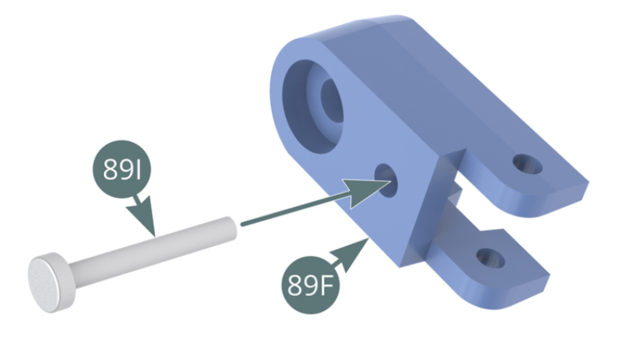 Insert the long pin (89I) into the lock housing (89F). Position the small spring (89K) and latch (89G) onto the long pin (89I).