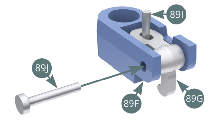 Align the latch axis (89G) with the lock axis (89F), then insert the short pin (89J). Position the release button (89H) onto the long pin (89I).
