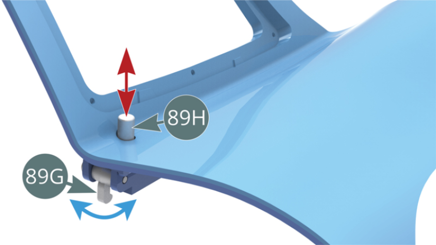 Press the release button (89H) again to check that the latch (89G) still swings out correctly. Position the door light (89E) on the right hand door (88A) ensuring the light is pointed forward.