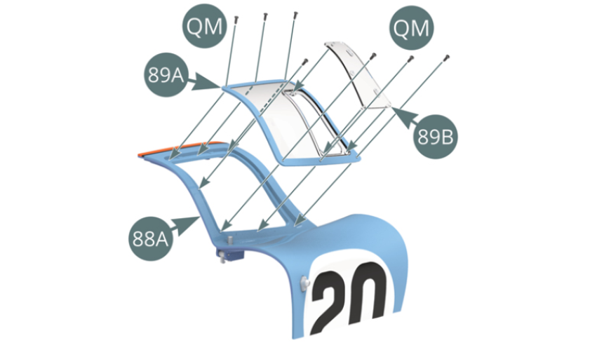 Position the ventilation window (89B) on the window (89A) using its three lugs. Position the window (89A) on the right side door (88A) and secure with seven QM screws. Position the lower hinge axis (88B) into the slot that is located in the body (80A), place the bracket (89C) on top and secure with an RM screw on one side.