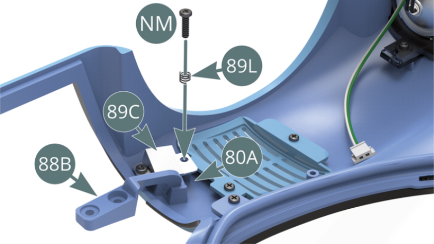 Attach the other side of the bracket (89C) to the body (80A) with an NM screw passed through the large spring (89L). Do not over tighten the NM screw to allow the spring (89L) to compress.