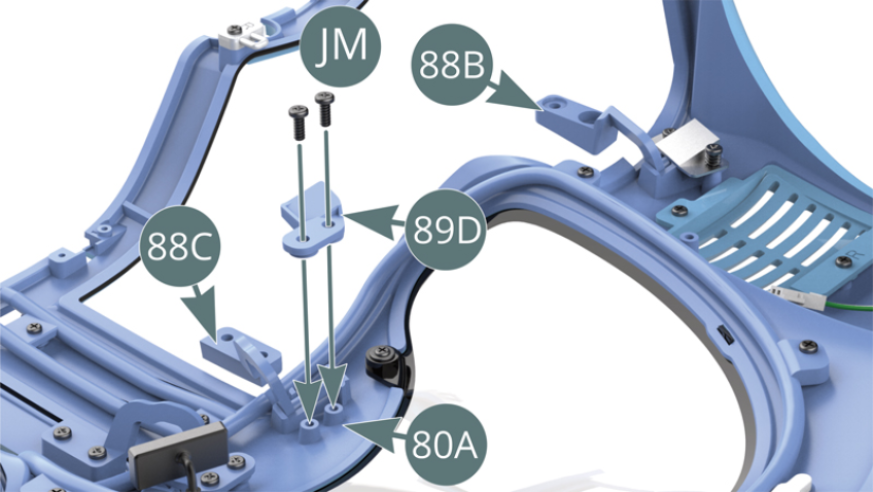Position the upper hinge axis (88C) in the cradle slot provided on the body (80A), place the bracket (89D) on top and secure with two JM screws.