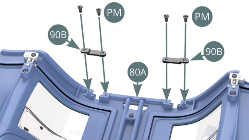 Position the two hinge brackets (90B) on the supports at the rear of the body (80A) and secure with four PM screws.