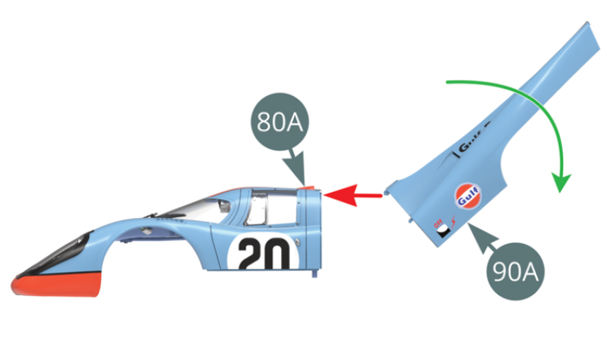 Raise the rear bonnet (90A) to an angle of 45 degrees and while keeping this angle, bring it forward (red arrow) to insert its two hinges into the body hinge brackets (80A). Once it is inserted into the rear of the body, swing the rear bonnet to its horizontal position (green arrow, illustrations opposite and below).