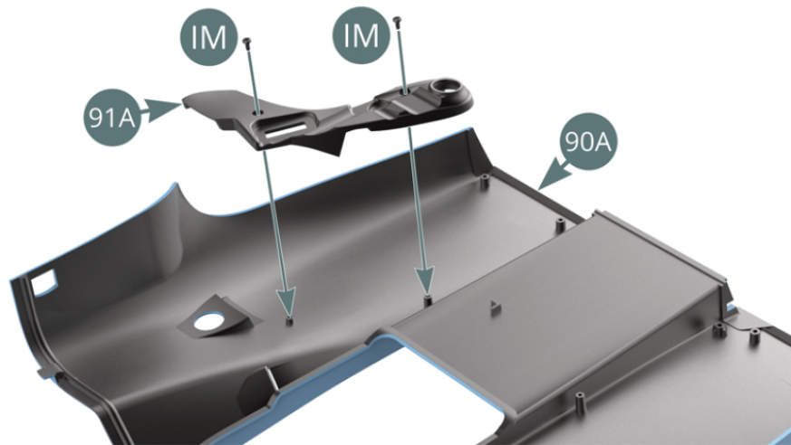 Position the left air duct (91A) on the inside of the rear bonnet (90A) and secure with two IM screws. Position the right air duct (91B) on the inside of the rear bonnet (90A) and secure with two IM screws.